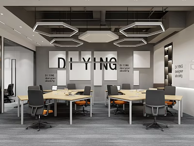 Modern Public Office Space With Hexagonal Pendant Lights Meeting Tables And Wall Slogans 3d model