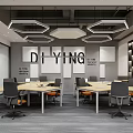 Modern Public Office Space With Hexagonal Pendant Lights Meeting Tables And Wall Slogans