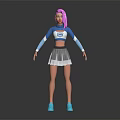 Pink Haired Character 3D Model Wearing Blue White Top Gray Pleated Skirt and Blue Shoes