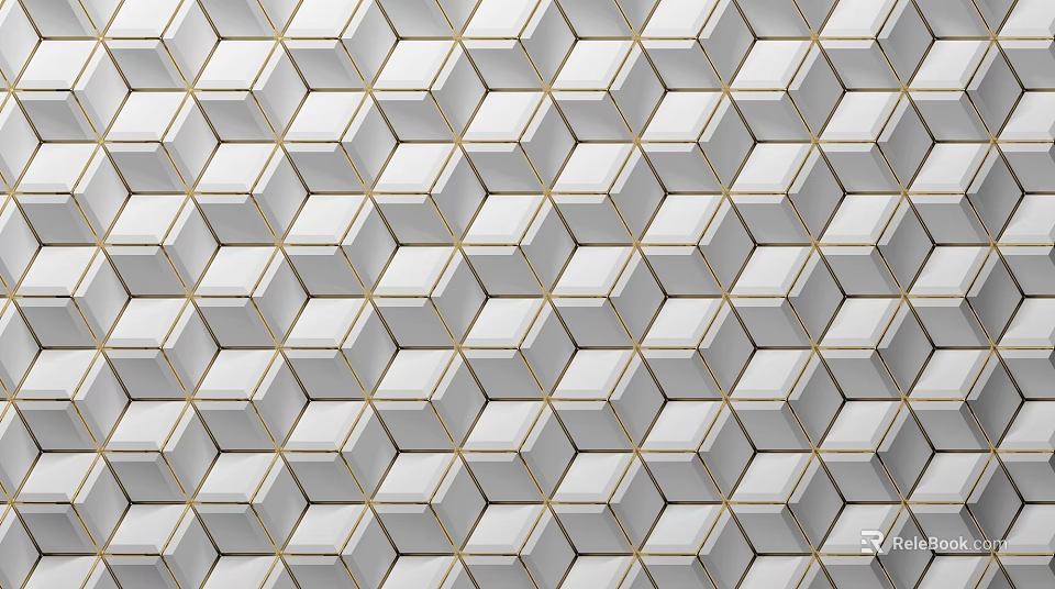 3D Cube Pattern Background Wall With White Tiles And Gold Lines 3d model