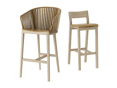 Modern Bar Stools with Rattan Backrest and Padded Seat Wooden Frame 3d model