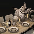 Elegant Wooden Dining Table Set With Upholstered Chairs Candles Floral Centerpiece Wine Glasses And Tableware