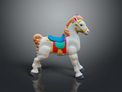 Colorful Toy Horse Figure with White Body Blue Saddle Yellow Reins and Brown Mane Tail 3d model