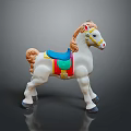 Colorful Toy Horse Figure with White Body Blue Saddle Yellow Reins and Brown Mane Tail