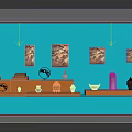 Display Of Antique Artworks Paintings And Sculptures On Blue Wall Shelf