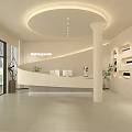 Modern Beauty Salon Interior Design With Circular Ceiling Reception Area Sofas Plants And Display Shelves