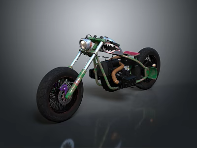 Green Custom Motorcycle With Shark Mouth Design And Large Black Tires 3d model