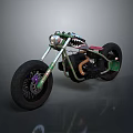 Green Custom Motorcycle With Shark Mouth Design And Large Black Tires