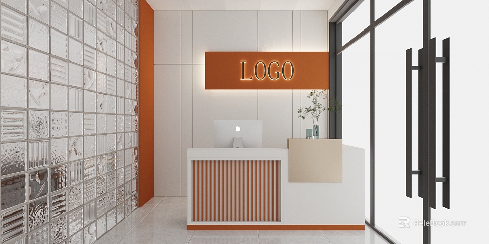 Modern Reception Desk Interior With LOGO Sign White Orange Marble Wall And Green Plant 3d model 
