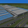 Modern Industrial Factory Building Aerial View With Green Vegetation And Blue Gray Roofs