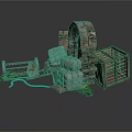 Rustic Horse Drawn Carriage Featuring Stone Water Wheel Wooden Fence Sacks And Cage