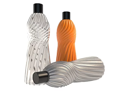 Three Ceramic Bottles With Twisted Texture In White Orange And Silver With Black Lids 3d model