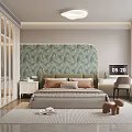 Modern Bedroom Interior Design With Green Leafy Pattern Accent Wall Beige Brown Bed And Desk