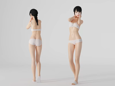 Woman In White Underwear Displaying Front And Back Poses On White Background 3d model