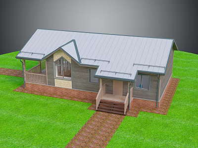 Single Story Residential House With Gray Metal Roof Wooden Siding Front Porch And Green Lawn 3d model