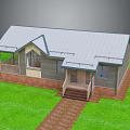 Single Story Residential House With Gray Metal Roof Wooden Siding Front Porch And Green Lawn