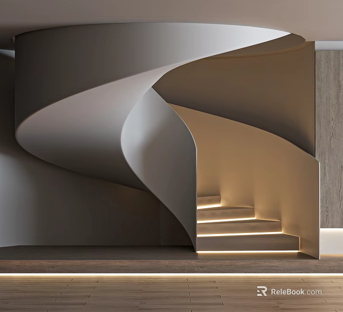 Modern Spiral Staircase Interior Design With Curved Steps And Illuminated Lighting 3d model 