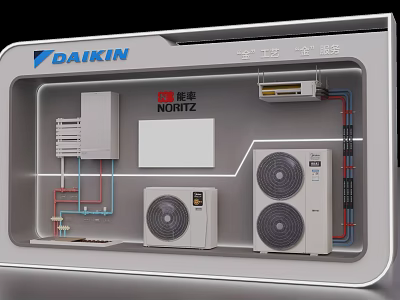 Home System Wall With Daikin Air Conditioners Noritz Water Heater And Piping 3d model