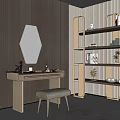 Modern Dressing Table Setup With Hexagonal Mirror Beige Stool And Shelf Unit Decorative Items 3d model