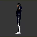Dark Blue Tracksuit With White Sneakers For Men Standing On Gray Background