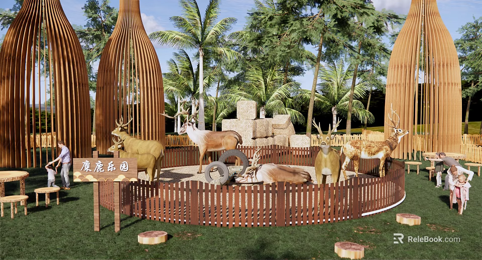 Park Landscape With Circular Wooden Fence Deer Sculptures Palm Trees And Green Grass 3d model 