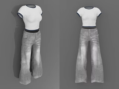 Stylish White Short Sleeve Top With Dark Trim And Gray High Waisted Wide Leg Jeans 3d model
