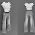 Stylish White Short Sleeve Top With Dark Trim And Gray High Waisted Wide Leg Jeans