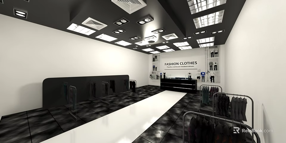 Modern Fashion Clothing Store Interior With Display Racks Bright Lighting And Black White Floor 3d model 
