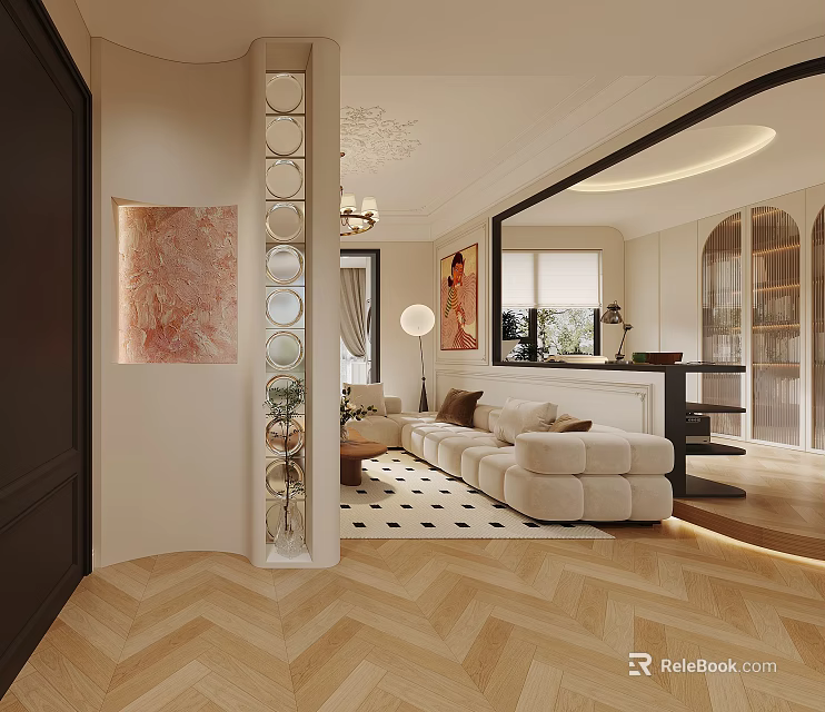 Modern Open Dining and Living Room With Beige Sofa Rug Artwork Chandelier And Herringbone Flooring 3d model 