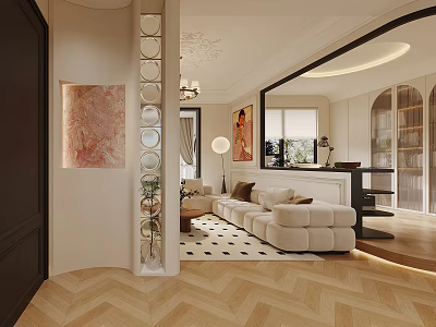 Modern Open Dining and Living Room With Beige Sofa Rug Artwork Chandelier And Herringbone Flooring 3d model