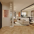 Modern Open Dining and Living Room With Beige Sofa Rug Artwork Chandelier And Herringbone Flooring