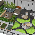 Courtyard Garden Landscape With Lush Green Plants Water Feature Seating Area And Paved Paths