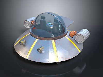 Vintage Metallic Flying Saucer With Transparent Cockpit Yellow Stripes And Side Engines 3d model