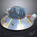 Vintage Metallic Flying Saucer With Transparent Cockpit Yellow Stripes And Side Engines