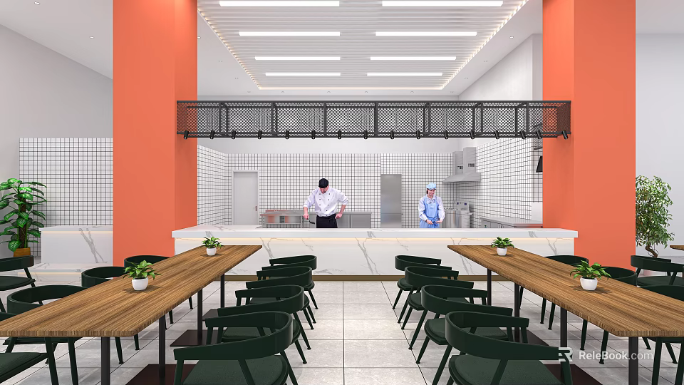 Commercial Kitchen Design With Chefs Working Orange Walls White Tiles And Wooden Tables 3d model 