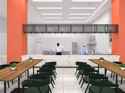 Commercial Kitchen Design With Chefs Working Orange Walls White Tiles And Wooden Tables 3d model