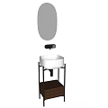 Sleek Modern Ceramic Washbasin Design With Metal Frame Wooden Shelf And Round Mirror