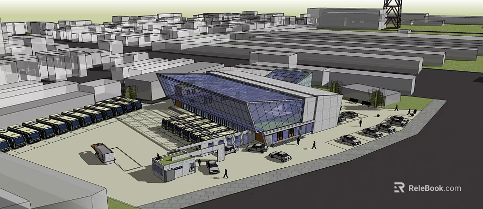 Modern Architectural Structure with Glass Facade and Urban Surroundings Including Parking and Pedestrians 3d model 