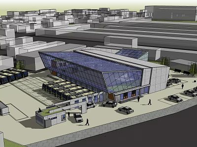 Modern Architectural Structure with Glass Facade and Urban Surroundings Including Parking and Pedestrians 3d model