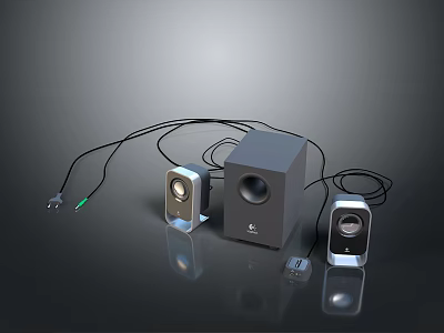Black Desktop Computer Speakers With Three Units And Connecting Wires 3d model