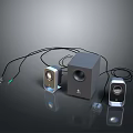 Black Desktop Computer Speakers With Three Units And Connecting Wires 3d model