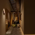 Japanese Style Teahouse Courtyard Night View With Wooden Structure Red Maple Tree And Stone Path