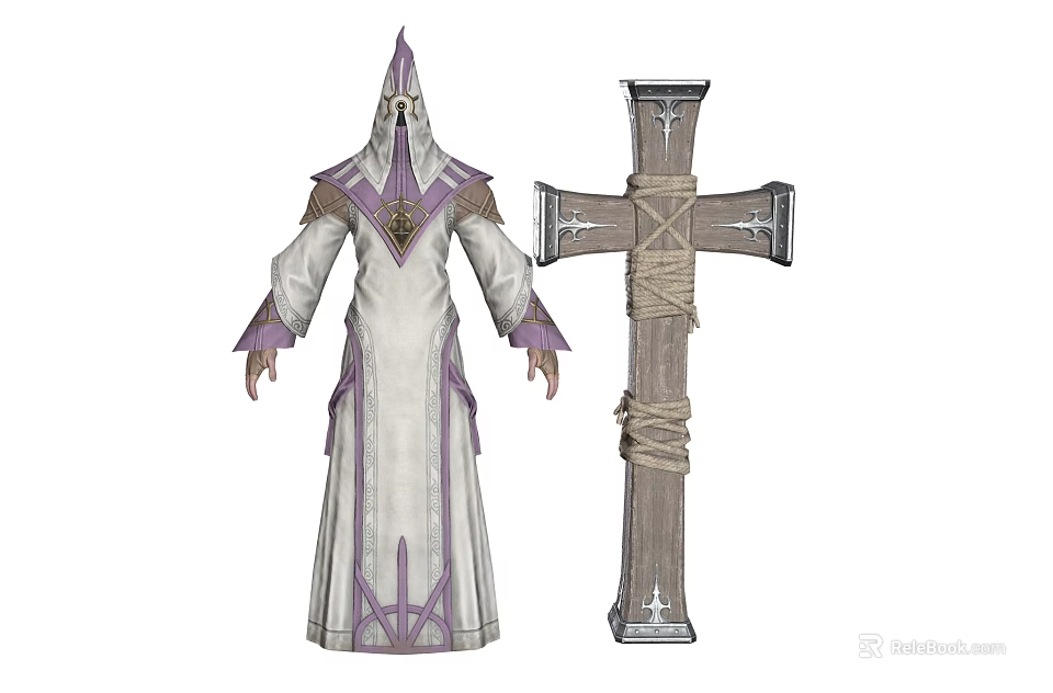 Mystical Hooded Character In White Purple Robe With Wrapped Cross Shaped Weapon 3d model 