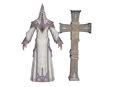 Mystical Hooded Character In White Purple Robe With Wrapped Cross Shaped Weapon 3d model