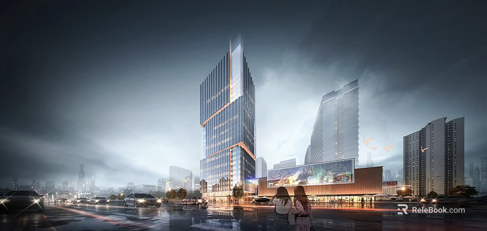 Modern Tall Office Building With Glass Curtain Walls In Urban Setting 3d model 
