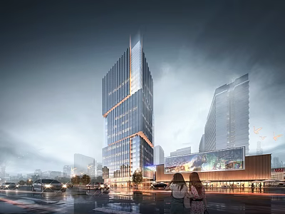 Modern Tall Office Building With Glass Curtain Walls In Urban Setting 3d model