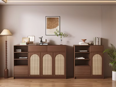 Wooden Sideboards With Rattan Doors Books Table Lamp And Potted Plant 3d model