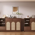 Wooden Sideboards With Rattan Doors Books Table Lamp And Potted Plant