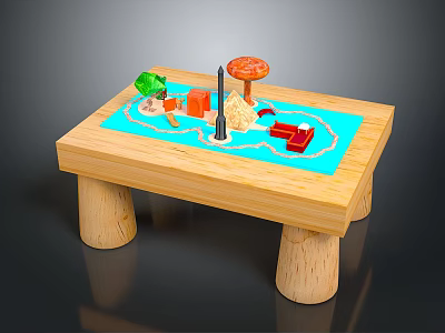 Wooden Tabletop Play Scene With Blue Area Colorful Trees Towers Boats And Fountain 3d model