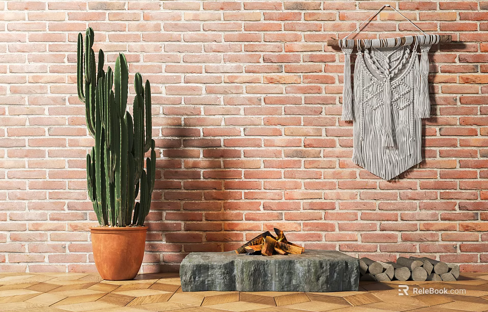 Cactus Potted Plant Against Red Brick Wall with Woven Hanging and Stone Bench Firewood 3d model 